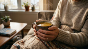 A person holds a steaming mug of soup while wrapped in a cozy blanket on a couch.