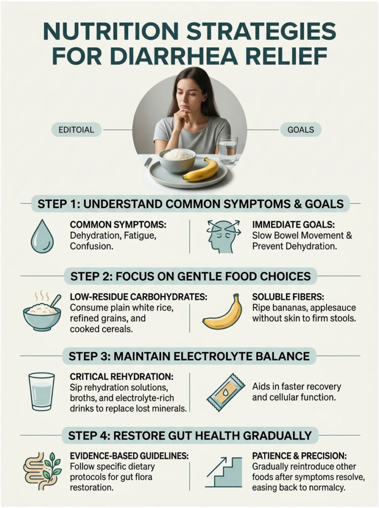 Infographic detailing nutrition strategies for diarrhea relief, including symptoms, food choices, and hydration tips.