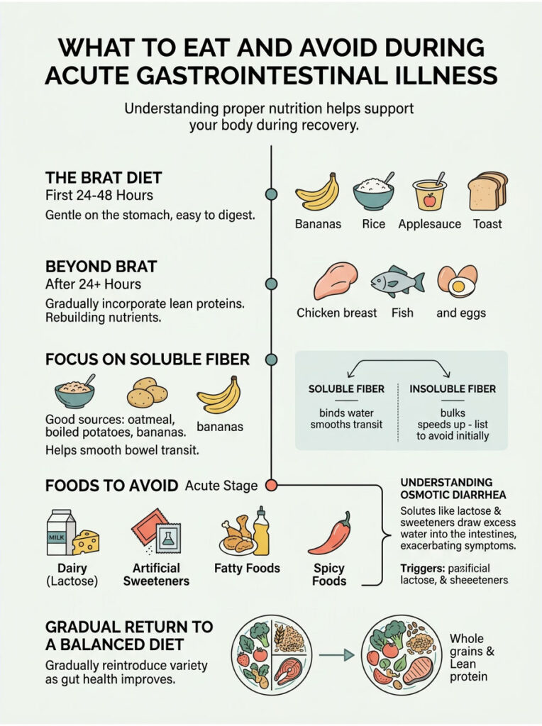 Infographic detailing foods to eat and avoid during gastrointestinal illness, featuring the BRAT diet and soluble fiber sources.