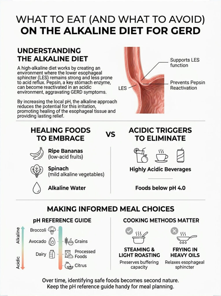 Infographic on the alkaline diet for GERD, detailing healing foods and acidic triggers with a pH reference guide.