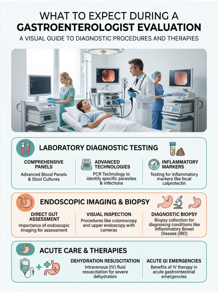 Infographic detailing gastroenterologist evaluation procedures, including diagnostic tests and therapies.