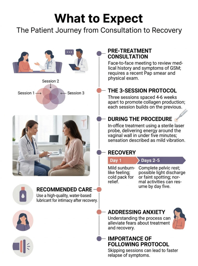 Infographic detailing patient journey from consultation to recovery, including steps and care recommendations.