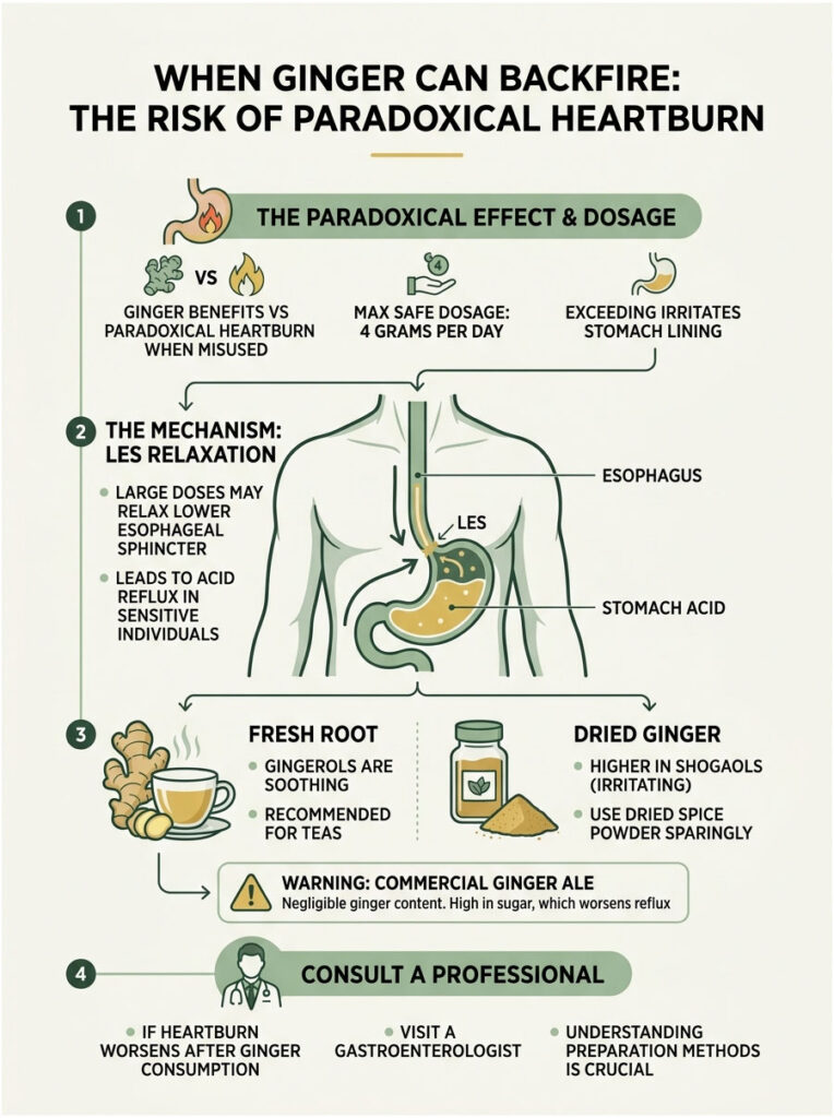 Infographic explaining paradoxical heartburn risk from ginger, detailing dosage, mechanisms, and types of ginger.