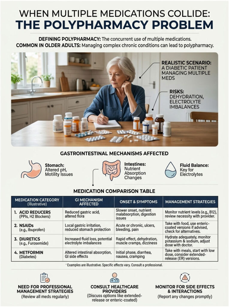 Infographic on polypharmacy problem, showing medication categories, gastrointestinal effects, and management strategies.