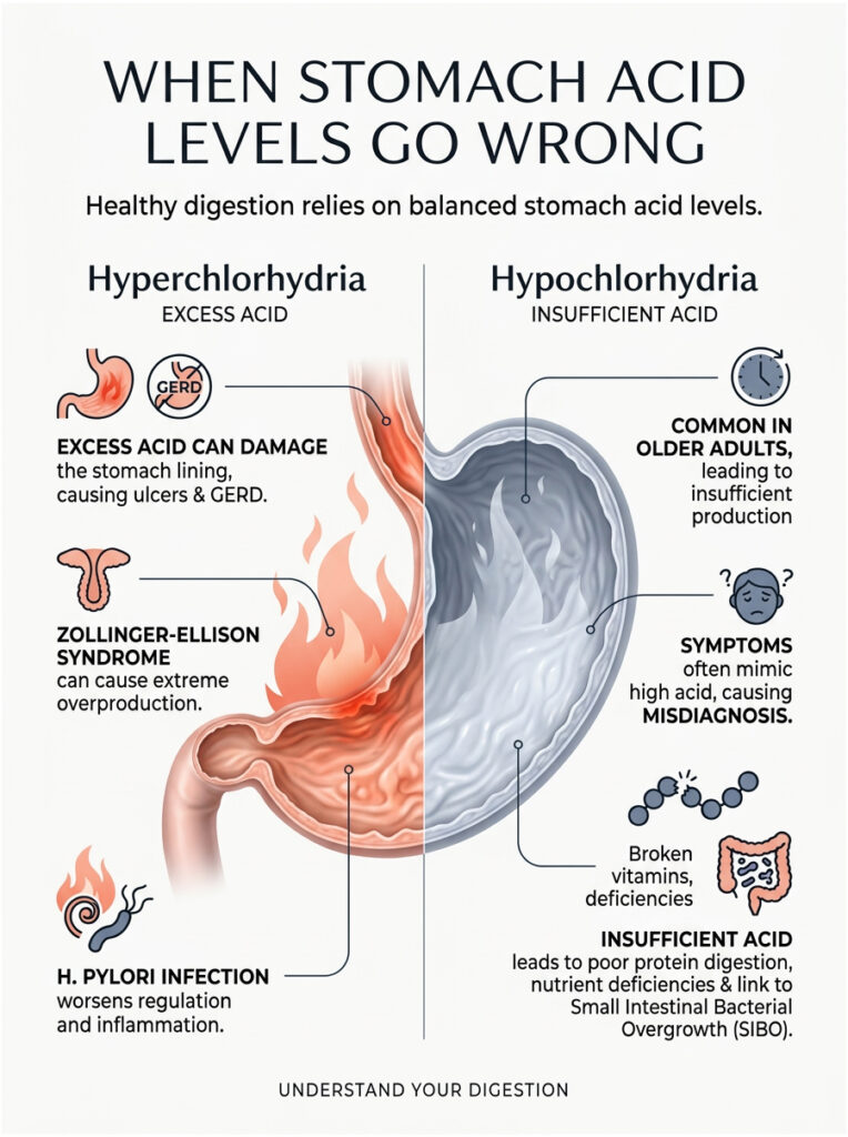 Infographic comparing hyperchlorhydria and hypochlorhydria with symptoms, causes, and effects on digestion.