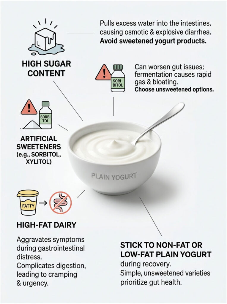 Infographic detailing yogurt consumption tips, highlighting high sugar, artificial sweeteners, and high-fat dairy effects.