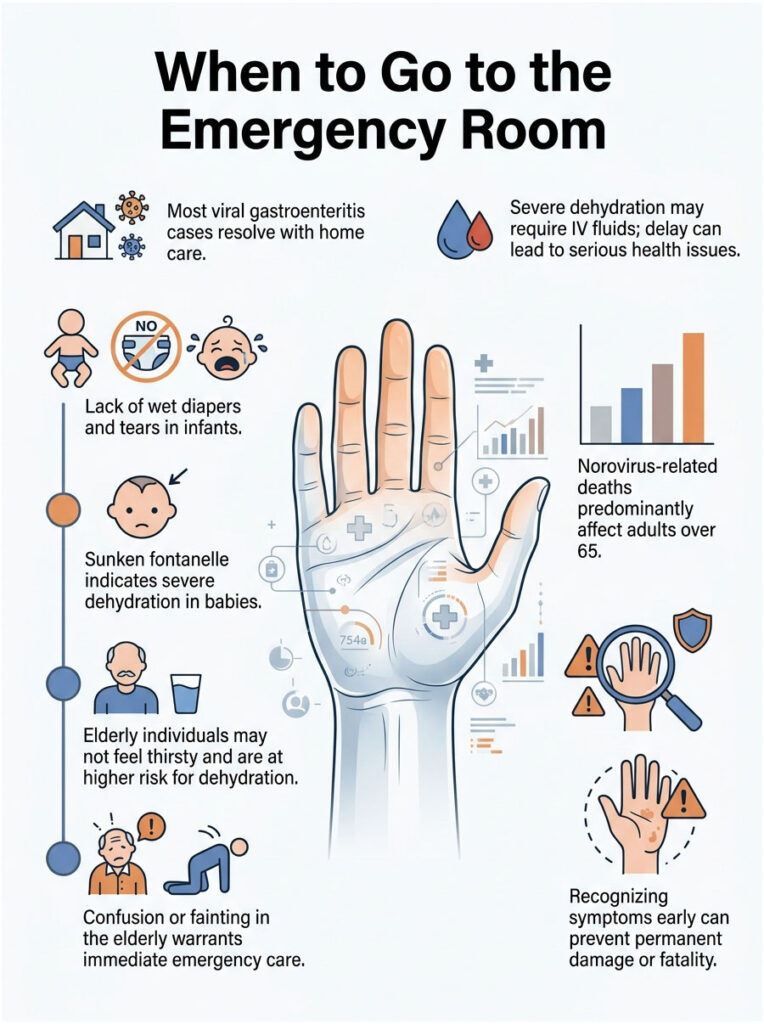 Infographic showing when to go to the emergency room for dehydration, featuring icons, statistics, and a hand illustration.