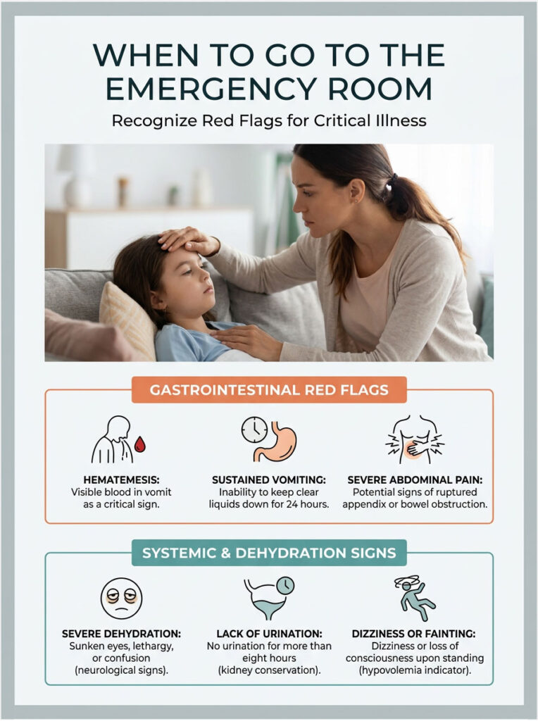 Mother comforts child showing signs of illness with text on gastrointestinal and systemic red flags for emergencies. Infographic.