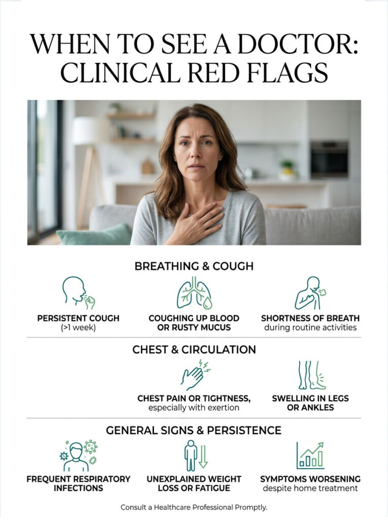 Woman with concerned expression, text lists clinical red flags for seeing a doctor, including breathing issues and general signs. Infographic.