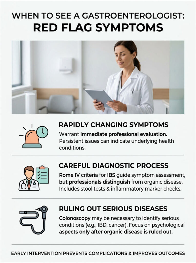 Infographic detailing when to see a gastroenterologist, highlighting red flag symptoms and diagnostic processes.