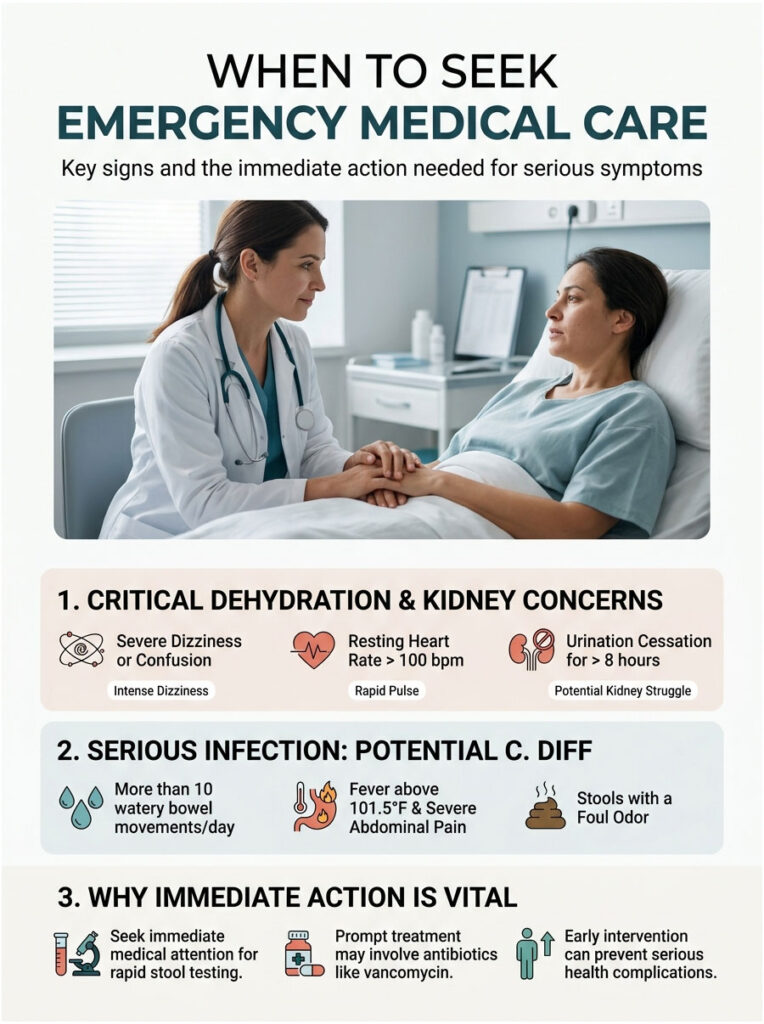 Infographic detailing when to seek emergency medical care with key signs and actions needed for serious symptoms.