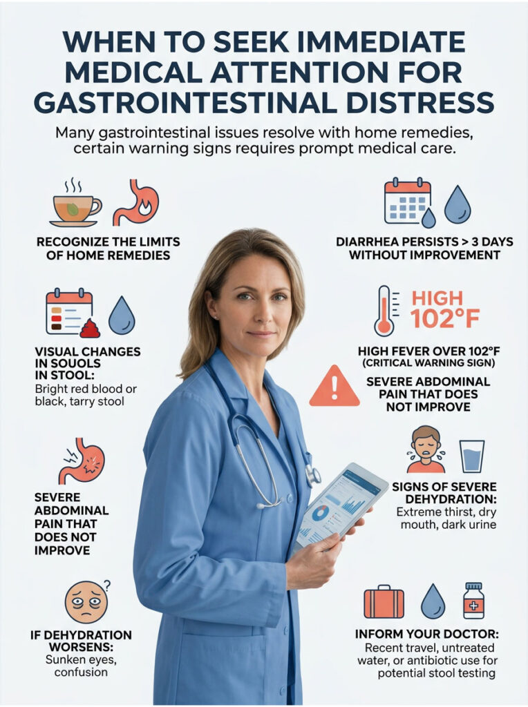 Woman in blue coat discusses gastrointestinal distress signs including fever, dehydration, and stool changes in infographic.