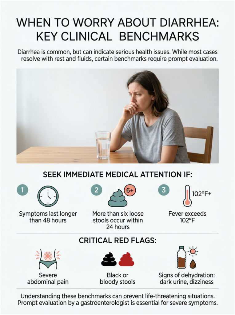 Woman looks concerned while sitting at a table with a glass of water; infographic outlines diarrhea benchmarks.