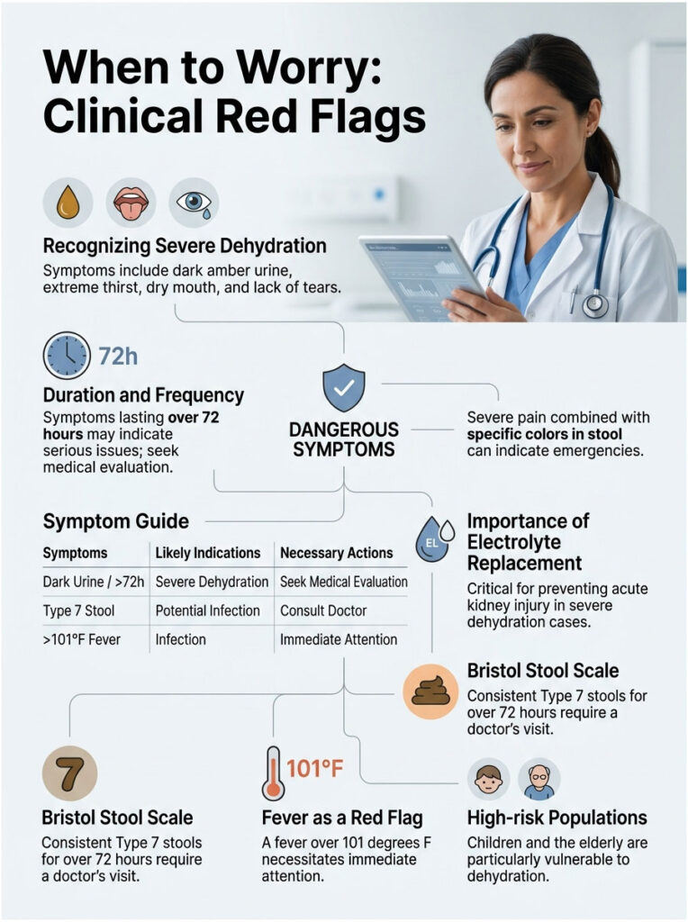 Infographic detailing clinical red flags for dehydration, including symptoms, actions, and stool scale.