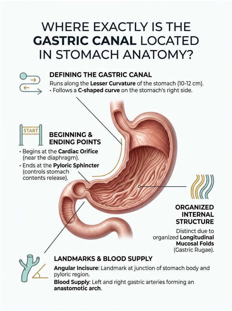 Infographic illustrating the gastric canal's location in stomach anatomy with labeled parts and diagrams.