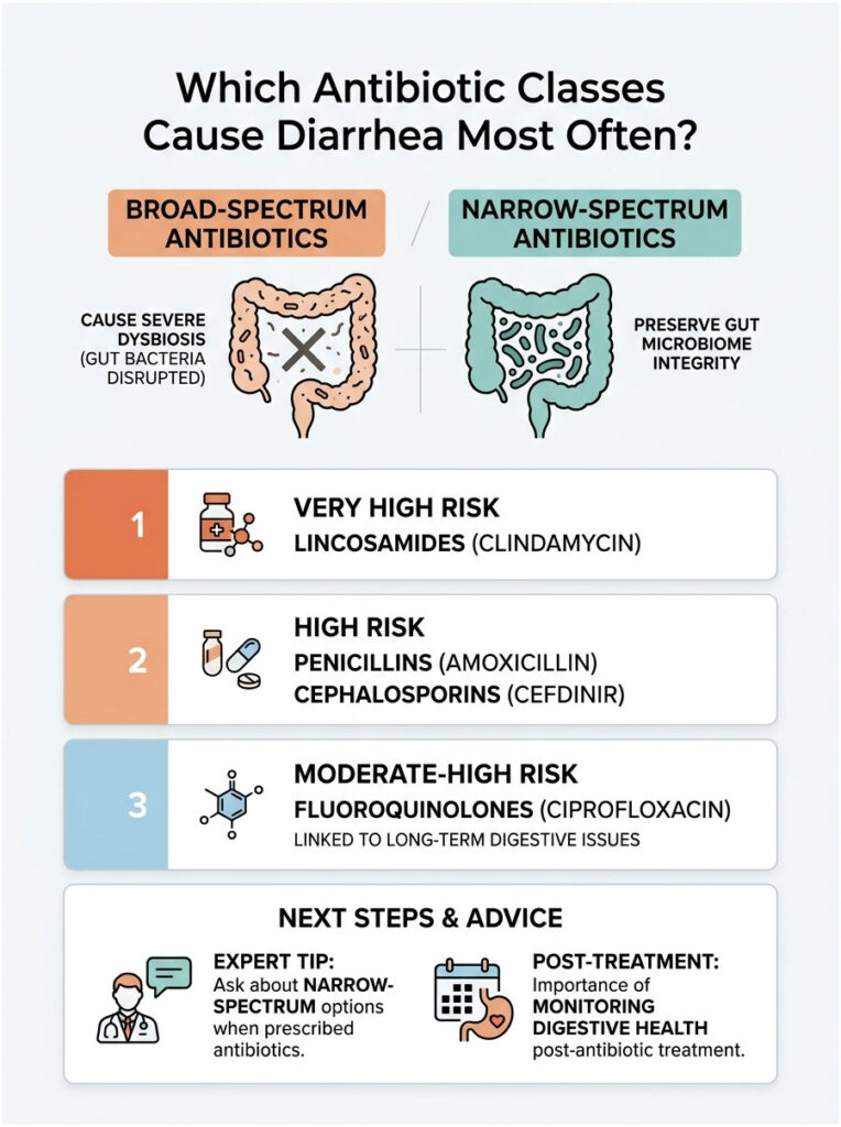 Infographic comparing antibiotic classes causing diarrhea, highlighting risks and advice for patients.