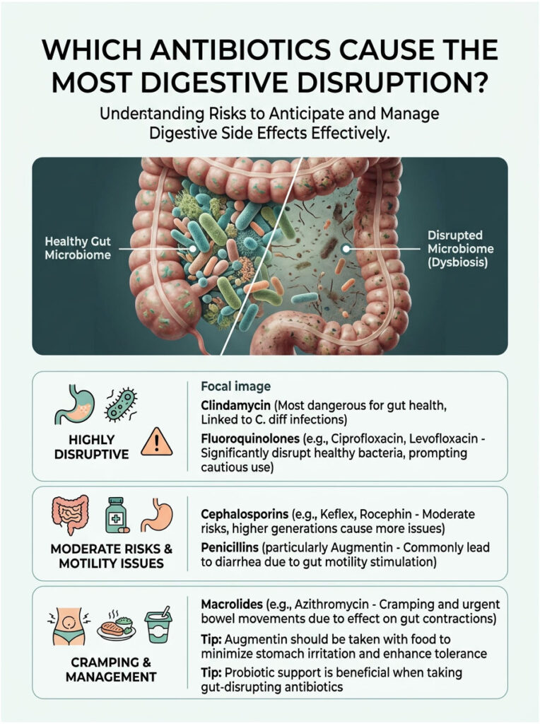 Infographic showing healthy vs. disrupted gut microbiome, antibiotic effects, and management tips for digestive disruption.