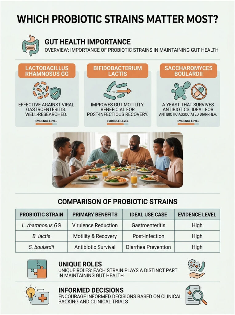Infographic comparing probiotic strains: Lactobacillus rhamnosus GG, Bifidobacterium lactis, and Saccharomyces boulardii with benefits and evidence levels.
