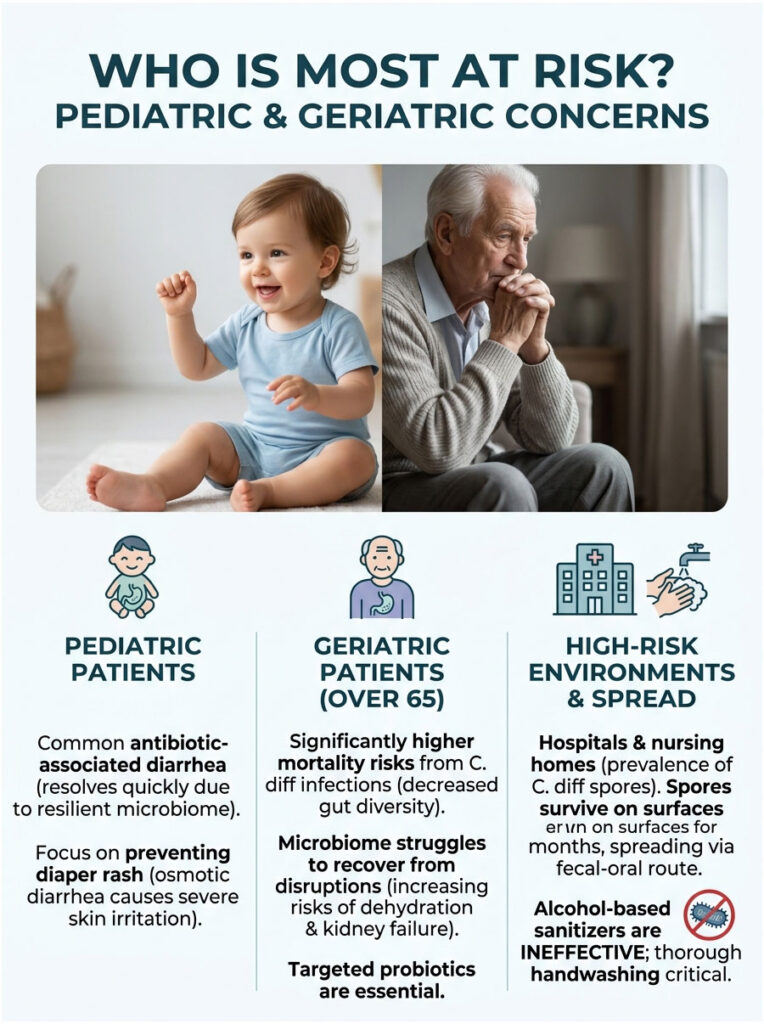 Infographic showing pediatric and geriatric risks, highlighting diarrhea, mortality, and infection spread with icons.