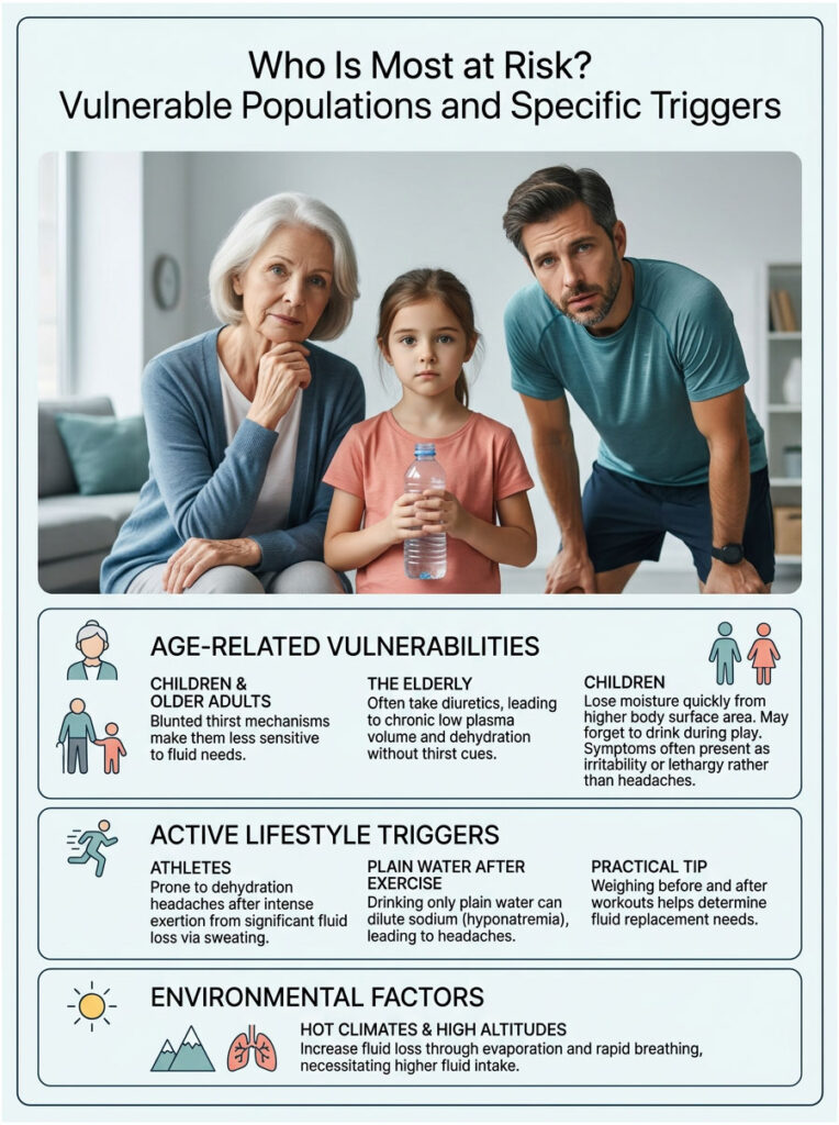 Infographic showing vulnerable populations at risk for dehydration, featuring a family and key data points on triggers.