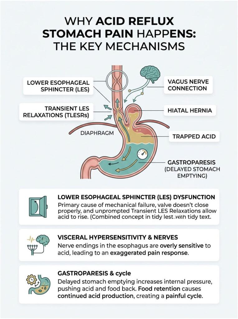 Infographic explaining acid reflux stomach pain mechanisms with labeled diagrams and key points on LES and gastroparesis.