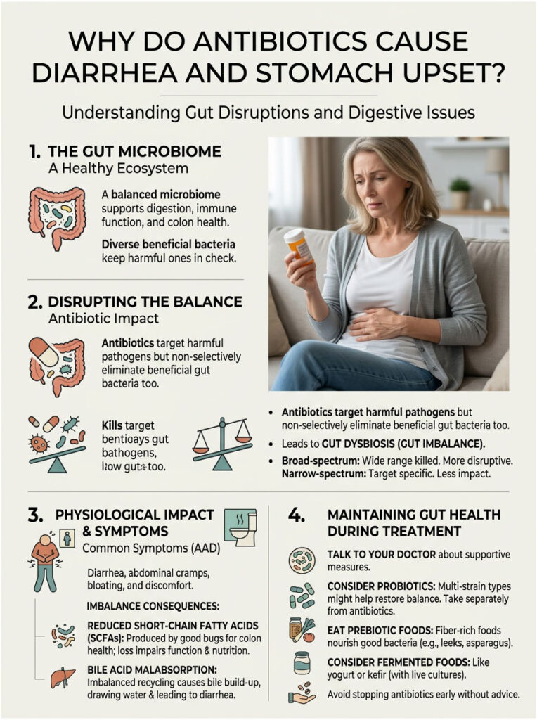 Infographic explaining how antibiotics disrupt gut health, featuring sections on microbiome, symptoms, and recovery tips.