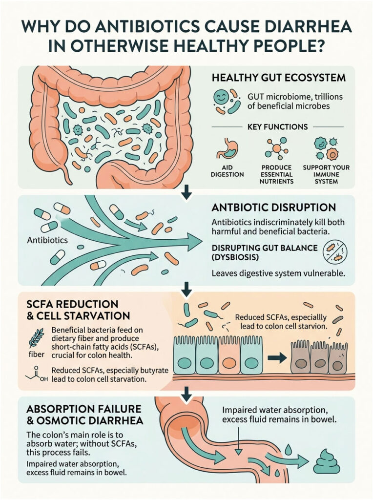 Infographic explaining how antibiotics cause diarrhea, showing gut ecosystem, disruptions, and effects on absorption.