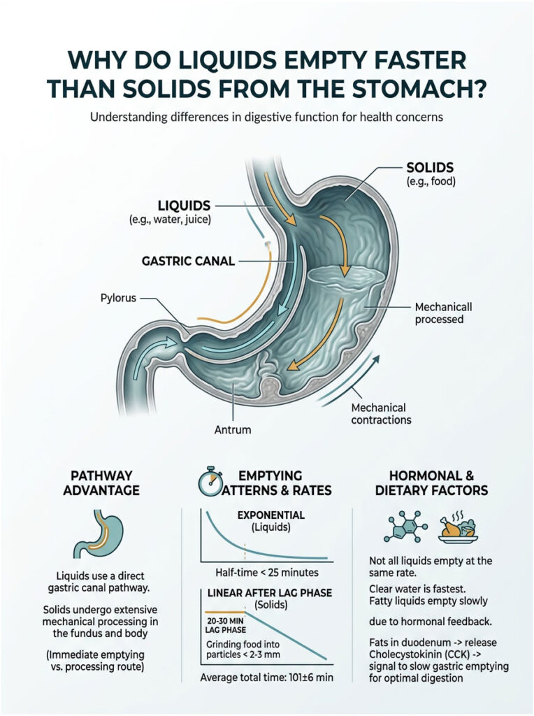 Infographic explaining why liquids empty faster than solids from the stomach, showing gastric canal and data points.