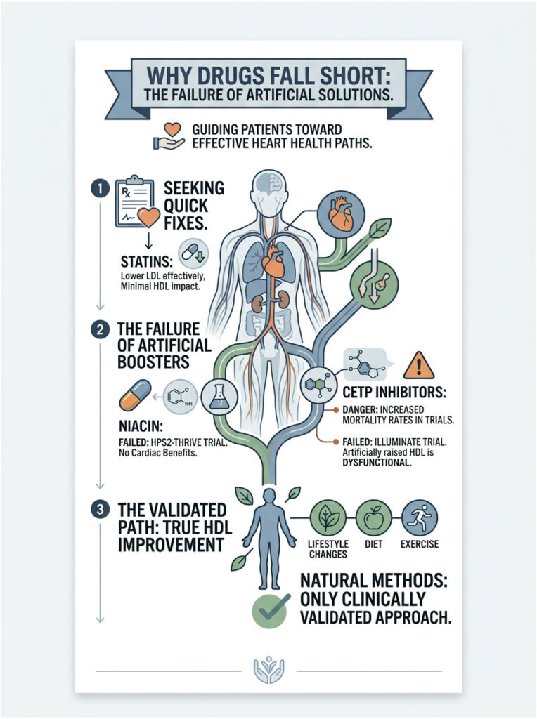 Infographic explaining why drugs fail for heart health, highlighting quick fixes and natural methods for HDL improvement.