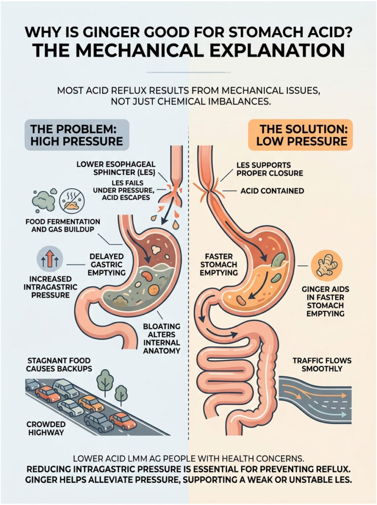 Infographic explaining how ginger helps stomach acid, showing high and low pressure effects on digestion.