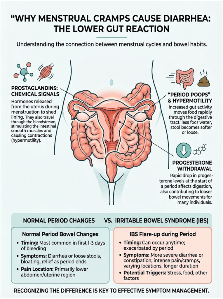 Infographic explaining menstrual cramps and diarrhea connection, featuring diagrams and key points on symptoms and timing.