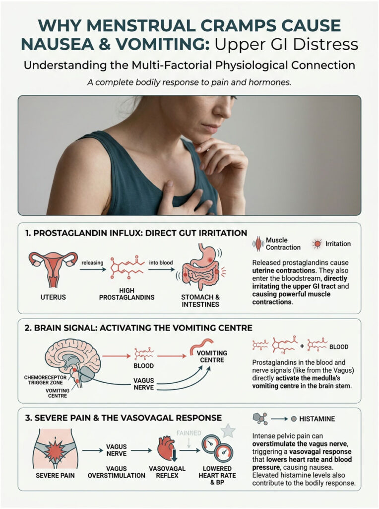 Infographic explaining why menstrual cramps cause nausea and vomiting, detailing physiological connections and processes.