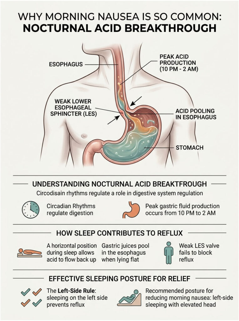 Infographic explaining nocturnal acid breakthrough with diagrams of the esophagus and stomach, and tips for relief.