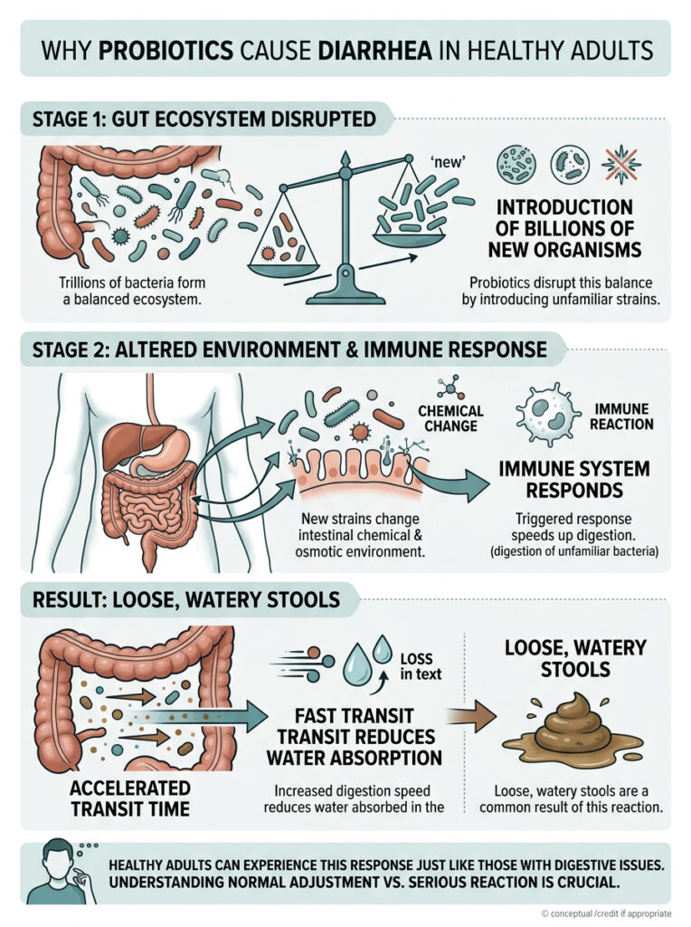 Infographic explaining why probiotics cause diarrhea, showing stages of gut disruption and immune response.