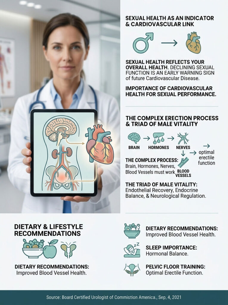 A healthcare professional presents a tablet showing the connection between sexual health and cardiovascular health, with illustrations of the brain, heart, and blood vessels.