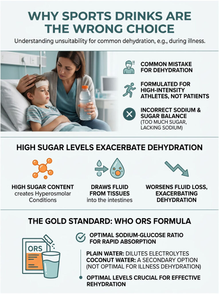 Infographic explaining why sports drinks are unsuitable for dehydration, highlighting key points and visuals.