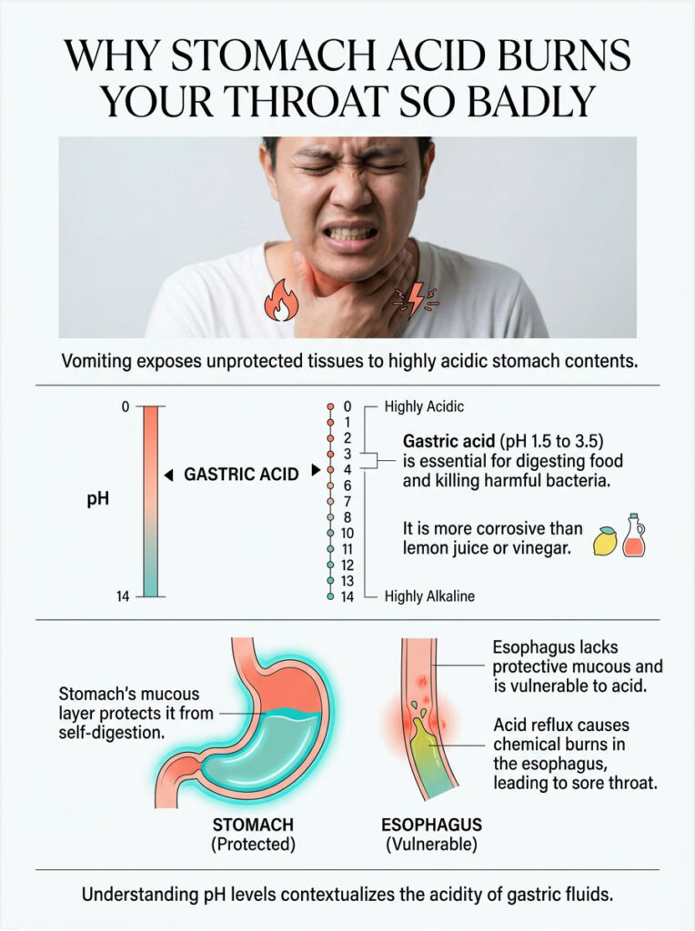 A person clutches their throat in pain, with a pH scale showing gastric acid's acidity and illustrations of the stomach and esophagus. Infographic.