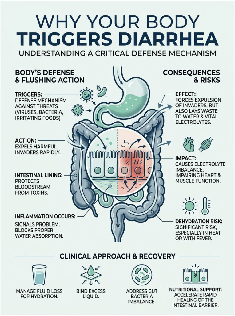 Infographic explaining why the body triggers diarrhea, detailing defense mechanisms and risks involved.