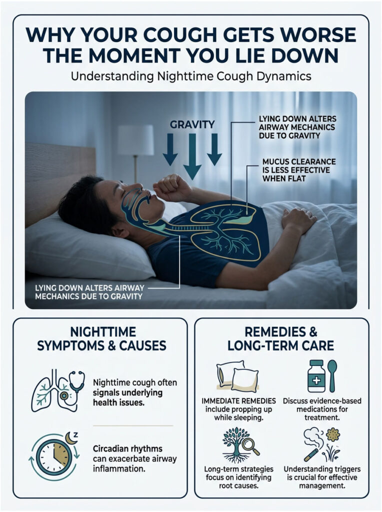 Infographic explaining nighttime cough dynamics with illustrations of airway mechanics and remedies.