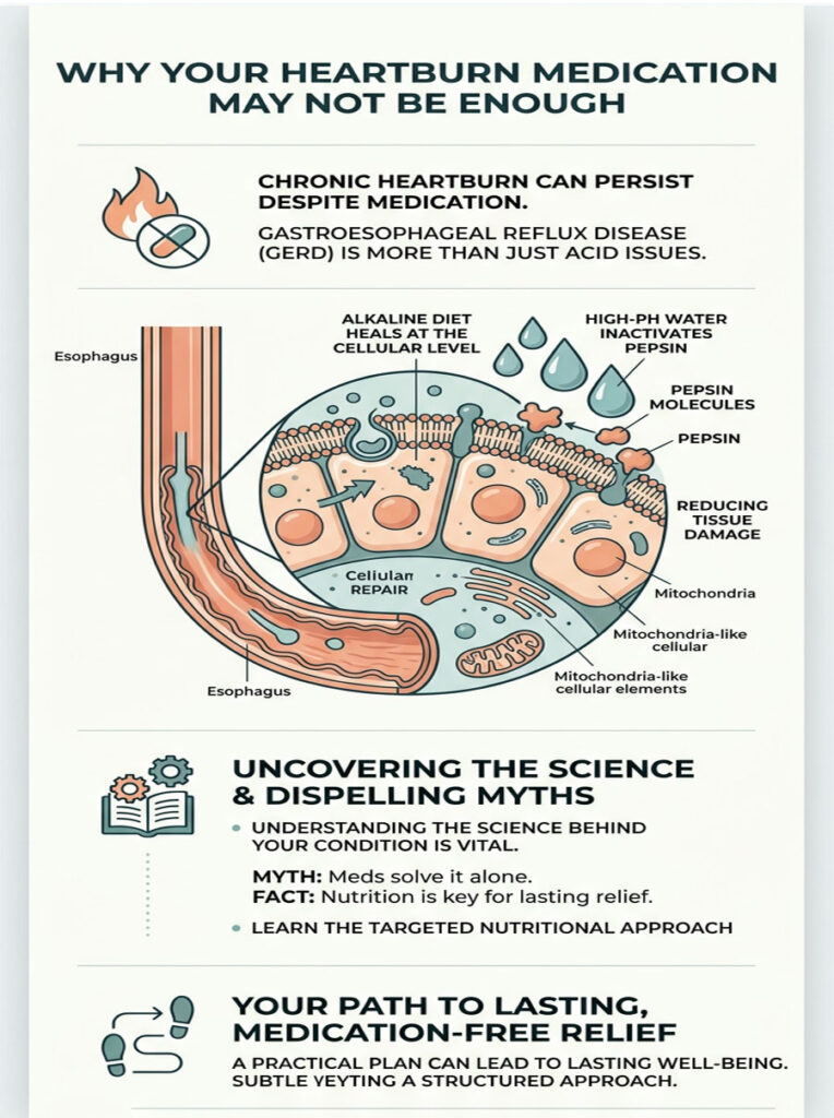 Infographic showing heartburn medication limitations, cellular repair, and dietary recommendations for GERD relief.