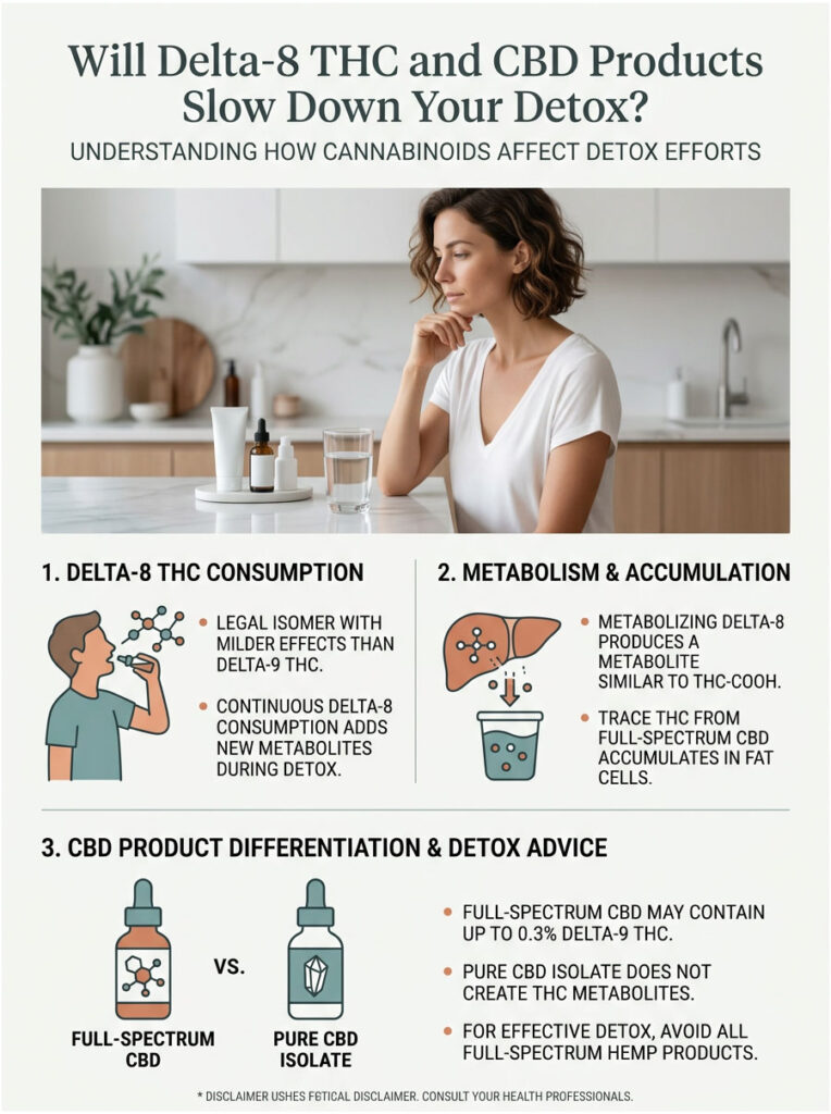 Infographic explaining Delta-8 THC and CBD effects on detox, featuring charts and icons about consumption and metabolism.
