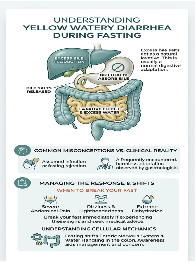Infographic explaining yellow watery diarrhea during fasting, showing bile production and misconceptions.