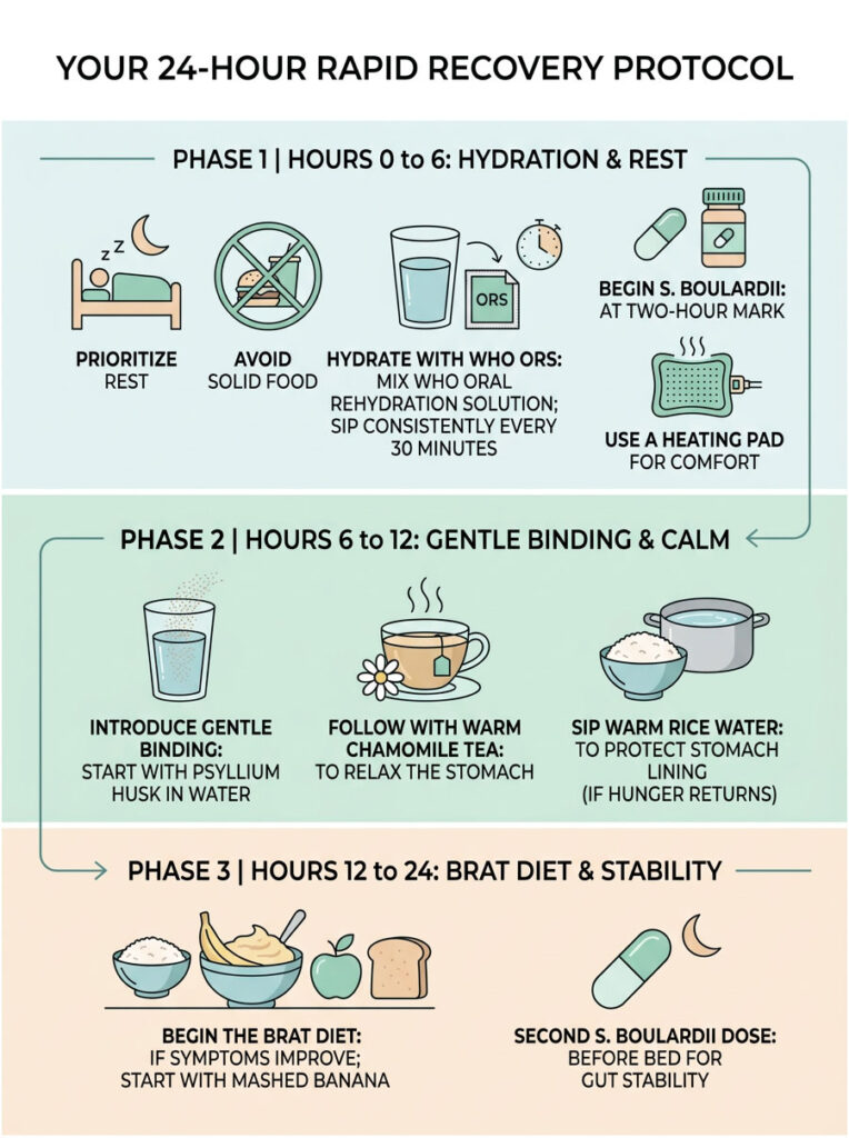 Infographic detailing a 24-hour rapid recovery protocol with phases, hydration tips, and dietary guidelines.