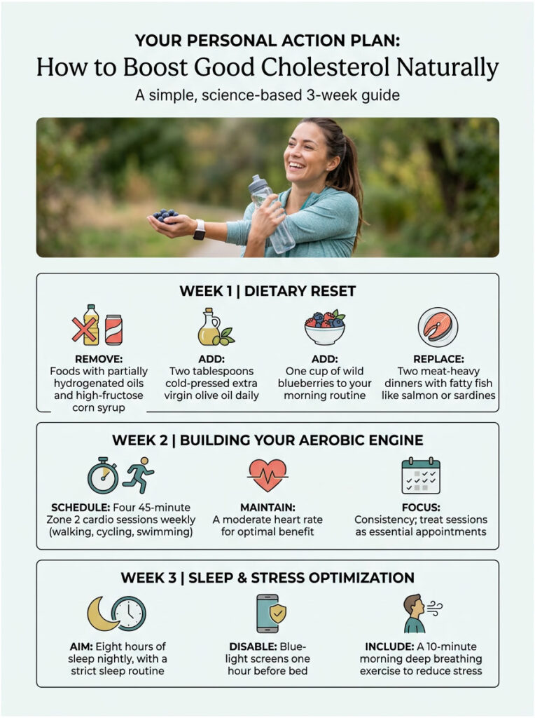 Infographic detailing a 3-week plan to boost good cholesterol naturally with dietary and lifestyle changes.