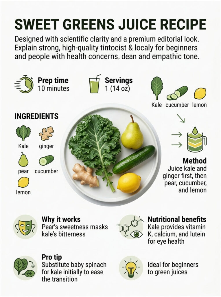 Infographic showing a Sweet Greens Juice recipe with ingredients, method, and nutritional benefits.