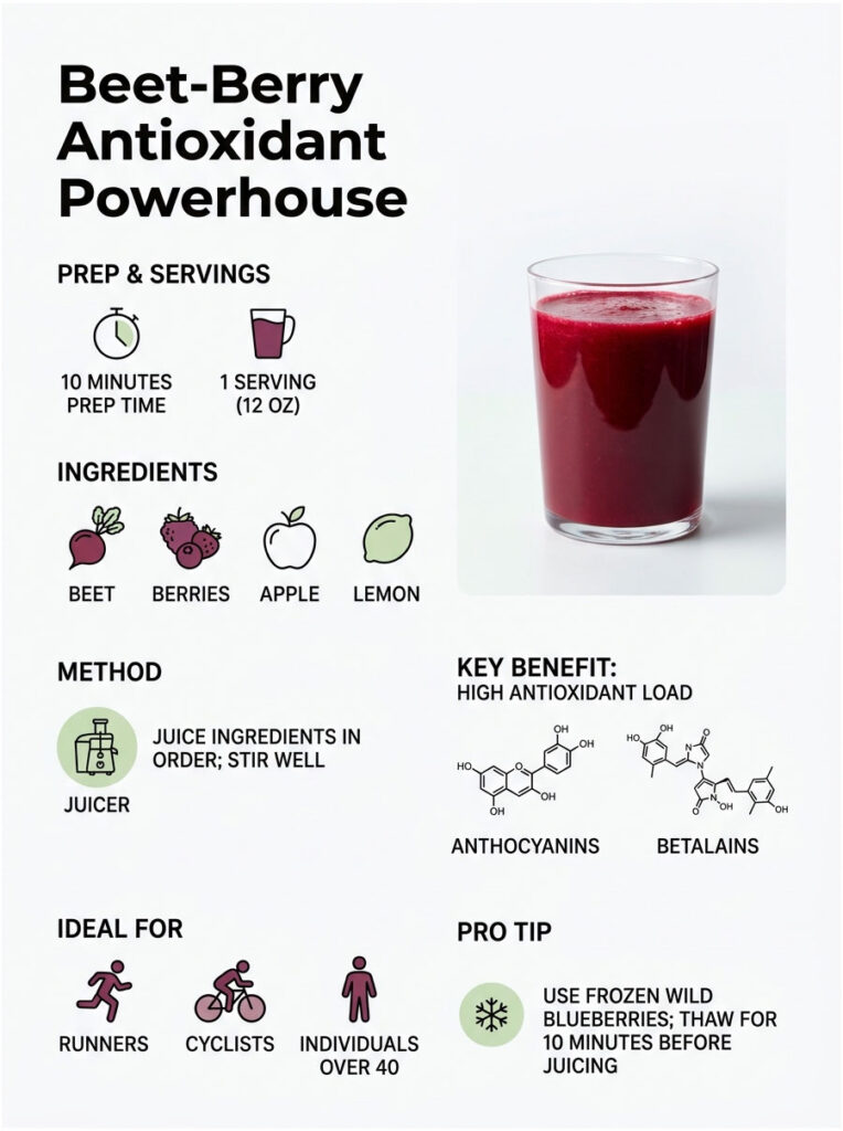Infographic showing Beet-Berry Antioxidant Powerhouse recipe with ingredients, method, and benefits.