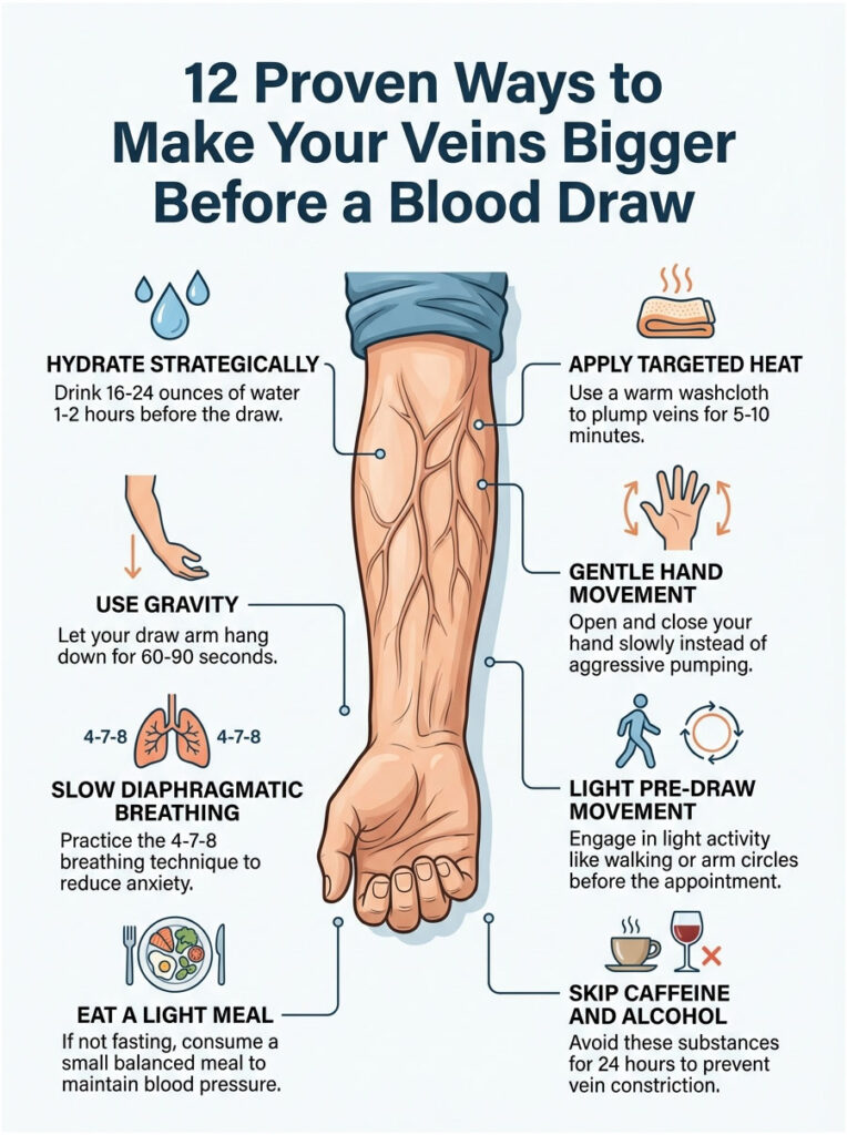 Infographic showing 12 ways to make veins bigger before a blood draw, including hydration and breathing techniques.