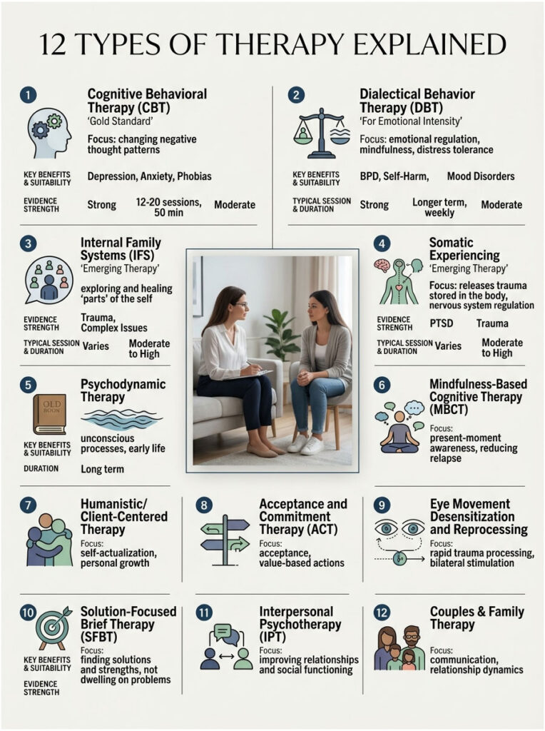 Infographic explaining 12 types of therapy with key benefits, evidence strength, and typical session details.