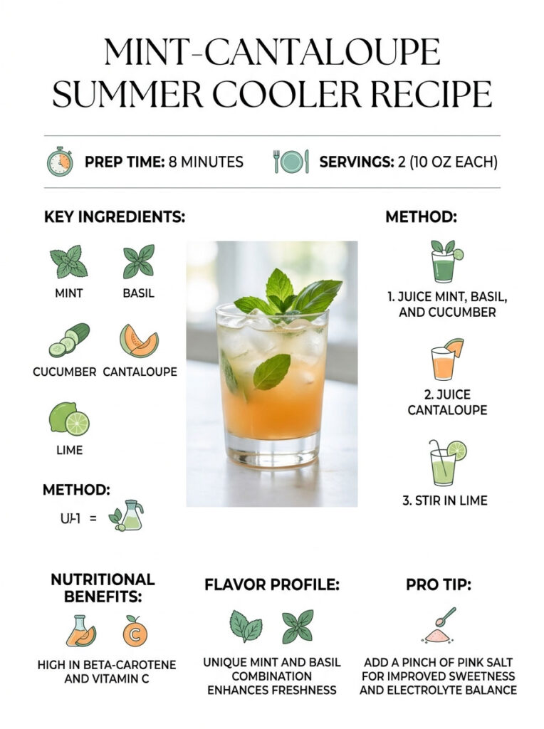 Infographic showing Mint-Cantaloupe Summer Cooler recipe with ingredients, method, and nutritional benefits.