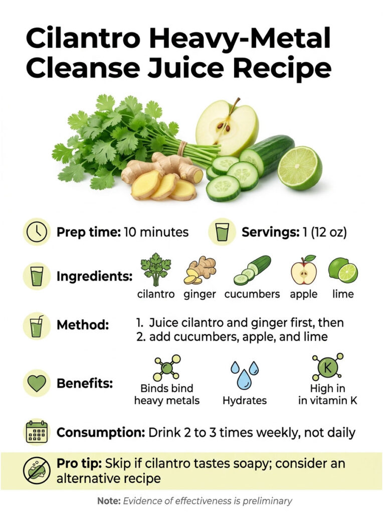 Cilantro heavy-metal cleanse juice recipe with ingredients, method, benefits, and prep time details. Infographic.